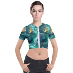Seascape Boat Sailing Short Sleeve Cropped Jacket by Cemarart