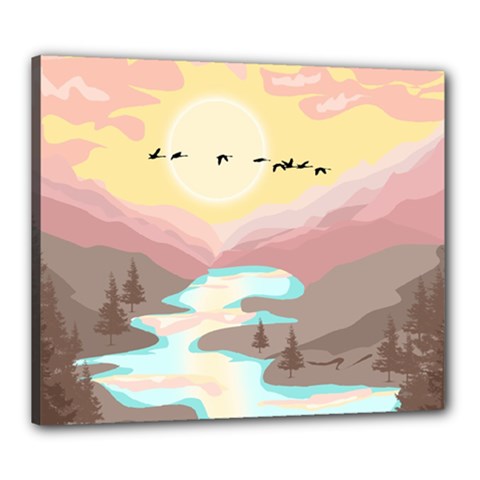 Mountain Birds River Sunset Nature Canvas 24  X 20  (stretched)