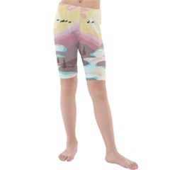 Mountain Birds River Sunset Nature Kids  Mid Length Swim Shorts