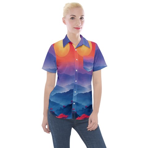 Valley Night Mountains Women s Short Sleeve Pocket Shirt by Cemarart