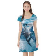 Dolphin Swimming Sea Ocean Short Sleeve Skater Dress