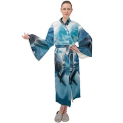 Dolphin Swimming Sea Ocean Maxi Velvet Kimono