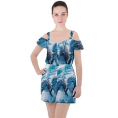 Dolphin Swimming Sea Ocean Ruffle Cut Out Chiffon Playsuit