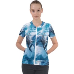 Dolphin Swimming Sea Ocean Short Sleeve Zip Up Jacket by Cemarart