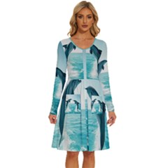 Dolphin Sea Ocean Long Sleeve Dress With Pocket by Cemarart