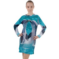 Dolphins Sea Ocean Long Sleeve Hoodie Dress by Cemarart