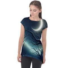 Moon Moonlit Forest Fantasy Midnight Cap Sleeve High Low Top by Cemarart