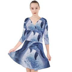 Dolphins Sea Ocean Water Quarter Sleeve Front Wrap Dress by Cemarart