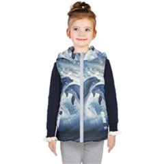 Dolphins Sea Ocean Water Kids  Hooded Puffer Vest by Cemarart