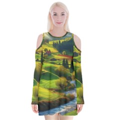 Countryside Landscape Nature Velvet Long Sleeve Shoulder Cutout Dress