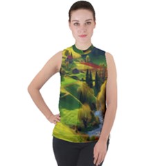 Countryside Landscape Nature Mock Neck Chiffon Sleeveless Top by Cemarart