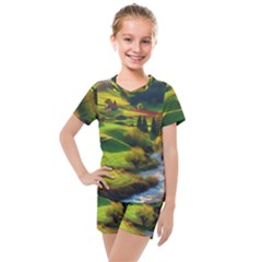 Countryside Landscape Nature Kids  Mesh T-shirt And Shorts Set