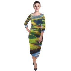 Countryside Landscape Nature Quarter Sleeve Midi Velour Bodycon Dress