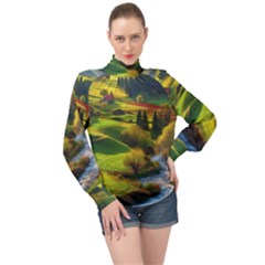 Countryside Landscape Nature High Neck Long Sleeve Chiffon Top