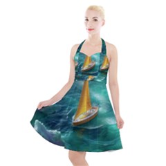 Seascape Boat Sailing Halter Party Swing Dress 