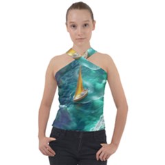 Seascape Boat Sailing Cross Neck Velour Top by Cemarart