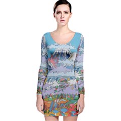 Art Psychedelic Mountain Long Sleeve Velvet Bodycon Dress