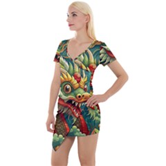 Chinese New Year ¨c Year Of The Dragon Short Sleeve Asymmetric Mini Dress