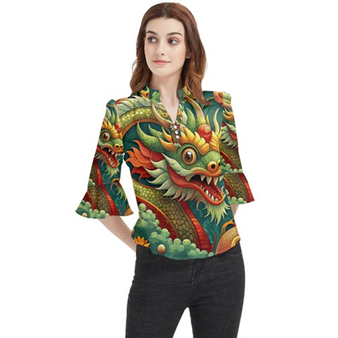 Chinese New Year ¨c Year Of The Dragon Loose Horn Sleeve Chiffon Blouse by Valentinaart