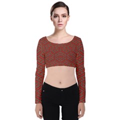 Hexagon Motif Geometric Tribal Style Pattern Velvet Long Sleeve Crop Top by dflcprintsclothing