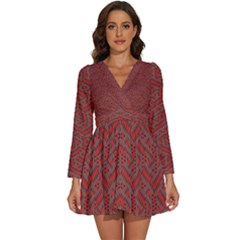 Hexagon Motif Geometric Tribal Style Pattern Long Sleeve V-neck Chiffon Dress  by dflcprintsclothing