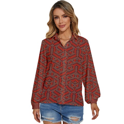 Hexagon Motif Geometric Tribal Style Pattern Women s Long Sleeve Button Up Shirt by dflcprintsclothing