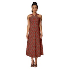 Hexagon Motif Geometric Tribal Style Pattern Sleeveless Cross Front Cocktail Midi Chiffon Dress