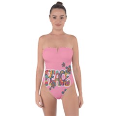 Flower Power Hippie Boho Love Peace Text Pink Pop Art Spirit Tie Back One Piece Swimsuit by Grandong