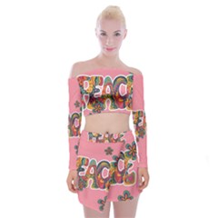 Flower Power Hippie Boho Love Peace Text Pink Pop Art Spirit Off Shoulder Top With Mini Skirt Set by Grandong