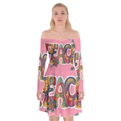 Flower Power Hippie Boho Love Peace Text Pink Pop Art Spirit Off Shoulder Skater Dress by Grandong