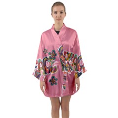 Flower Power Hippie Boho Love Peace Text Pink Pop Art Spirit Long Sleeve Satin Kimono by Grandong