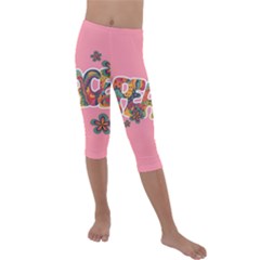 Flower Power Hippie Boho Love Peace Text Pink Pop Art Spirit Kids  Lightweight Velour Capri Leggings  by Grandong