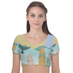 Beach Sea Surfboards Water Sand Drawing  Boho Bohemian Nature Velvet Short Sleeve Crop Top 