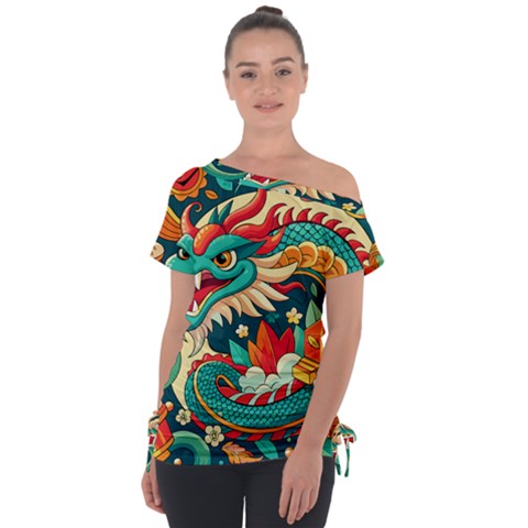 Chinese New Year ¨c Year Of The Dragon Off Shoulder Tie-up T-shirt by Valentinaart