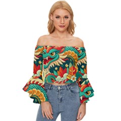 Chinese New Year ¨c Year Of The Dragon Off Shoulder Flutter Bell Sleeve Top