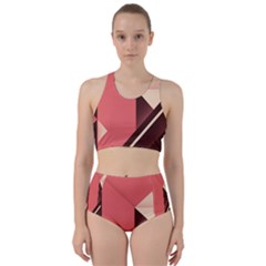 Retro Abstract Background, Brown-pink Geometric Background Racer Back Bikini Set