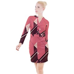 Retro Abstract Background, Brown-pink Geometric Background Button Long Sleeve Dress