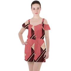 Retro Abstract Background, Brown-pink Geometric Background Ruffle Cut Out Chiffon Playsuit