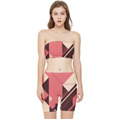 Retro Abstract Background, Brown-pink Geometric Background Stretch Shorts And Tube Top Set by nateshop