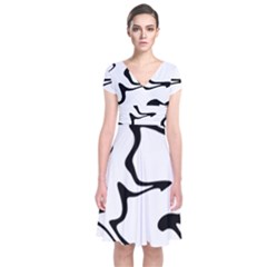 Black And White Swirl Background Short Sleeve Front Wrap Dress by Cemarart