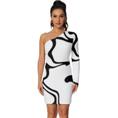 Black And White Swirl Background Long Sleeve One Shoulder Mini Dress by Cemarart