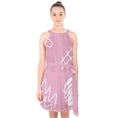 Elements Scribble Wiggly Lines Halter Collar Waist Tie Chiffon Dress