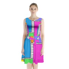 Shapes Texture Colorful Cartoon Sleeveless Waist Tie Chiffon Dress