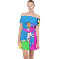 Shapes Texture Colorful Cartoon Off Shoulder Chiffon Dress