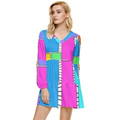 Shapes Texture Colorful Cartoon Tiered Long Sleeve Mini Dress by Cemarart