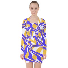 Print Pattern Warp Lines V-neck Bodycon Long Sleeve Dress