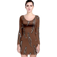 Feather Leaf Pattern Print Long Sleeve Velvet Bodycon Dress by Cemarart