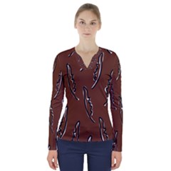 Feather Leaf Pattern Print V-neck Long Sleeve Top by Cemarart