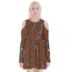 Feather Leaf Pattern Print Velvet Long Sleeve Shoulder Cutout Dress