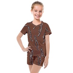 Feather Leaf Pattern Print Kids  Mesh T-shirt And Shorts Set